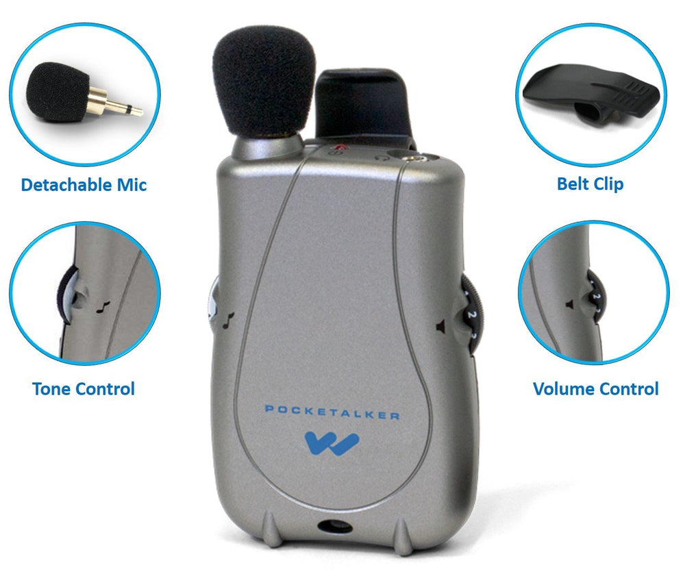 Williams Sound Pocketalker detalle de controles de volumen y tono para ajustes rápidos