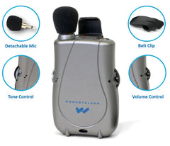 Williams Sound Pocketalker detalle de controles de volumen y tono para ajustes rápidos
