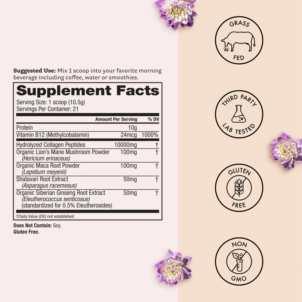 Winged Wellness ingredientes clave maca y Lion's Mane en primer plano para vitalidad