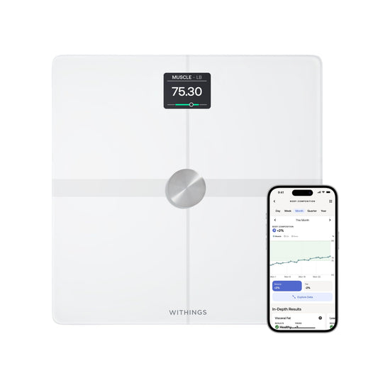 Withings Body Smart vista frontal con pantalla clara y beneficio de lecturas rápidas