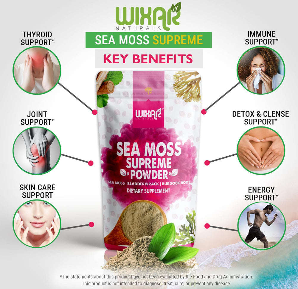 WIXAR NATURALS ingredientes secos mostrando sea moss, bladderwrack y burdock juntos