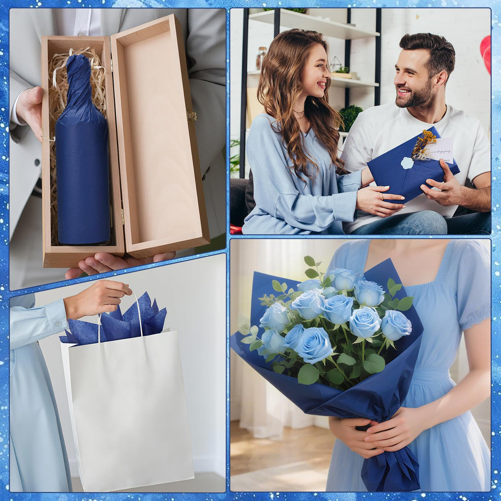 woric flor hecha a mano con papel tissue azul demostrando versatilidad creativa
