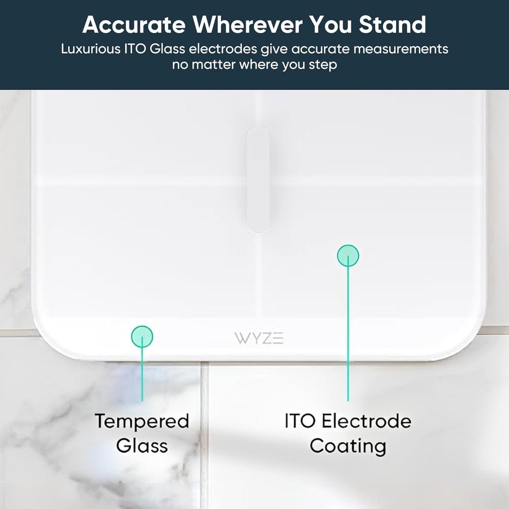Wyze Smart Scale X superficie de vidrio ITO mostrando acabado preciso y durable