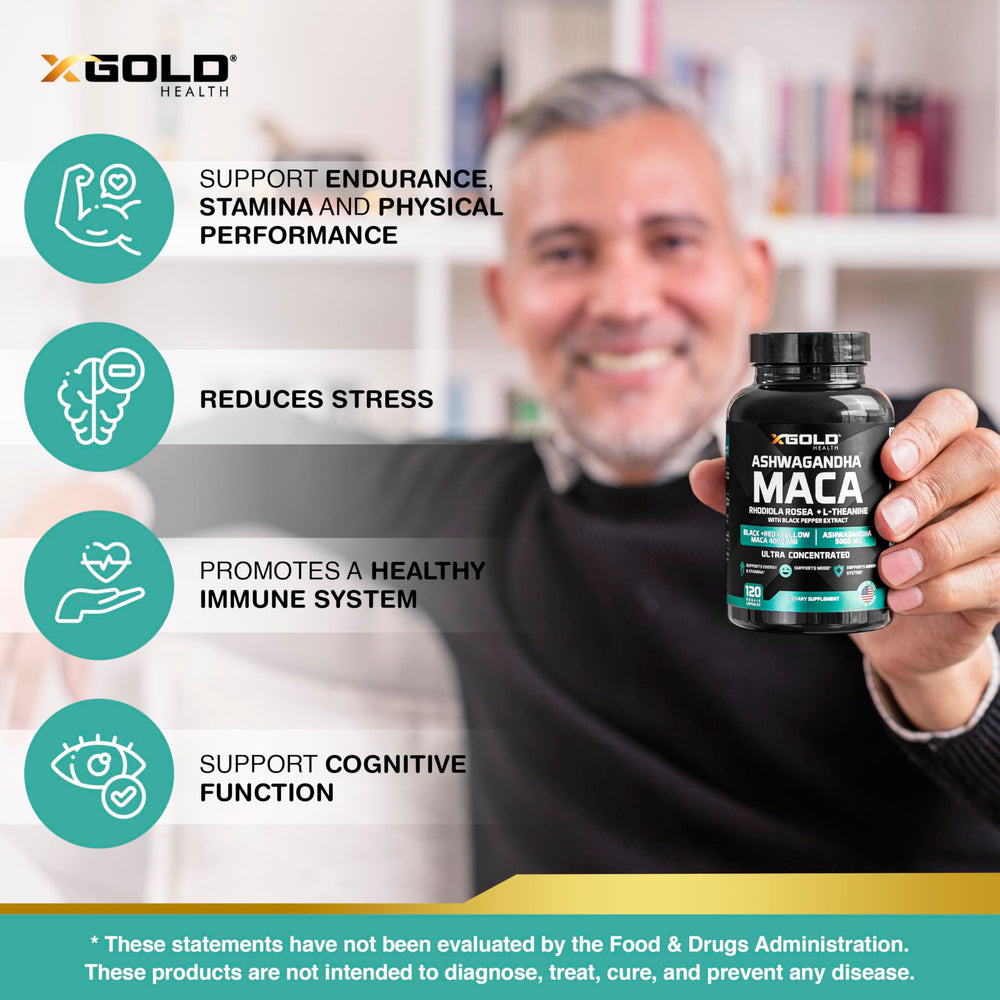 X Gold Health primer plano de raíz de ashwagandha destacando extracto concentrado