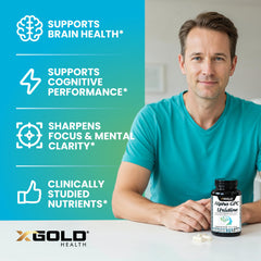 X Gold Health cápsulas en mano para mostrar tamaño y escala útil