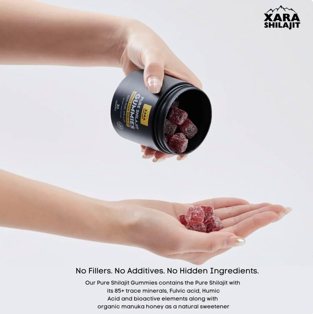 Xara Shilajit gomita cerca mostrando textura y acabado masticable