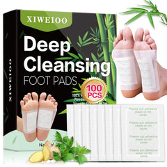 xiweioo envase frontal mostrando 100 parches para pies y adhesivos, práctico