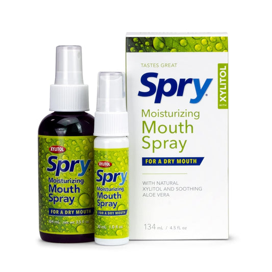 Xlear Spry spray bucal frontal botella visible, alivio rápido de boca seca
