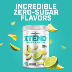 Closeup etiqueta Xtend con lista de EAAs, BCAAs y electrolitos claros