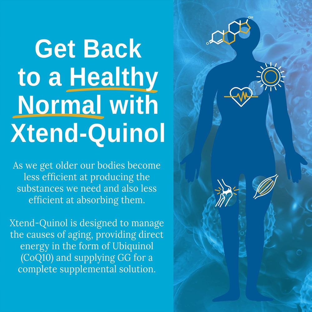 Xtendlife Xtend-Quinol branding closeup with GG and capsule imagery.