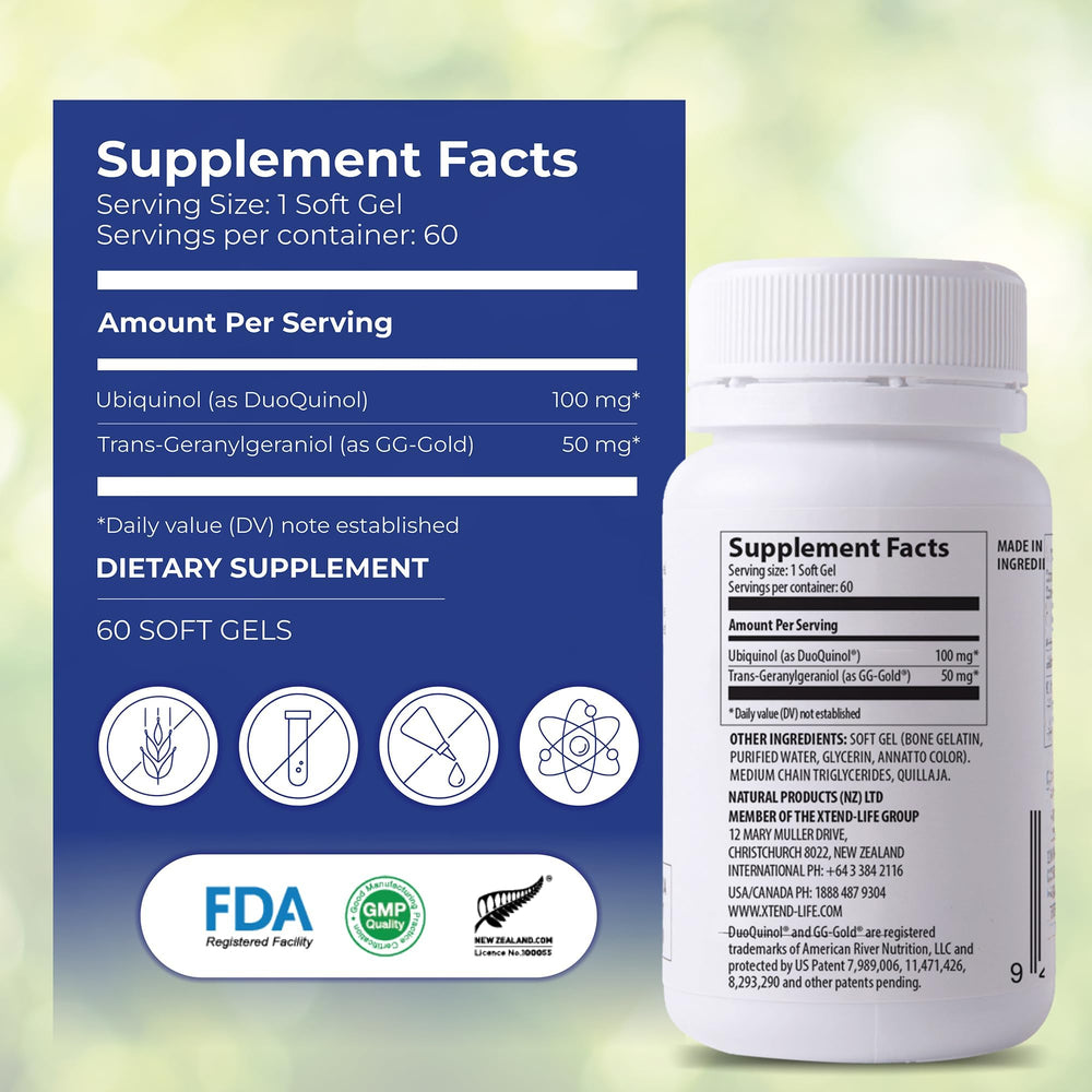 Xtendlife Xtend-Quinol packaging and box highlighting quality and 2 month supply.