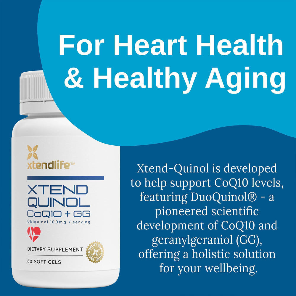 Xtendlife Xtend-Quinol pills closeup highlighting capsule texture and purity.