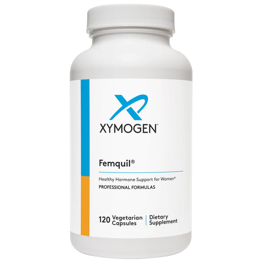 XYMOGEN Femquil envase y cápsulas, ideal para apoyo diario de bienestar femenino.