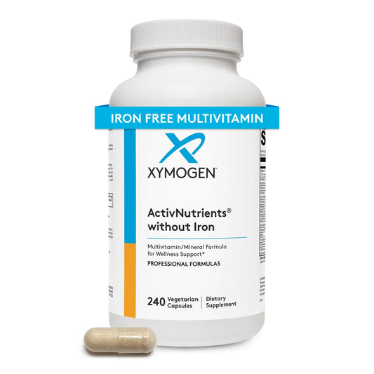 XYMOGEN ActivNutrients sin Hierro: botella elegante para bienestar diario.
