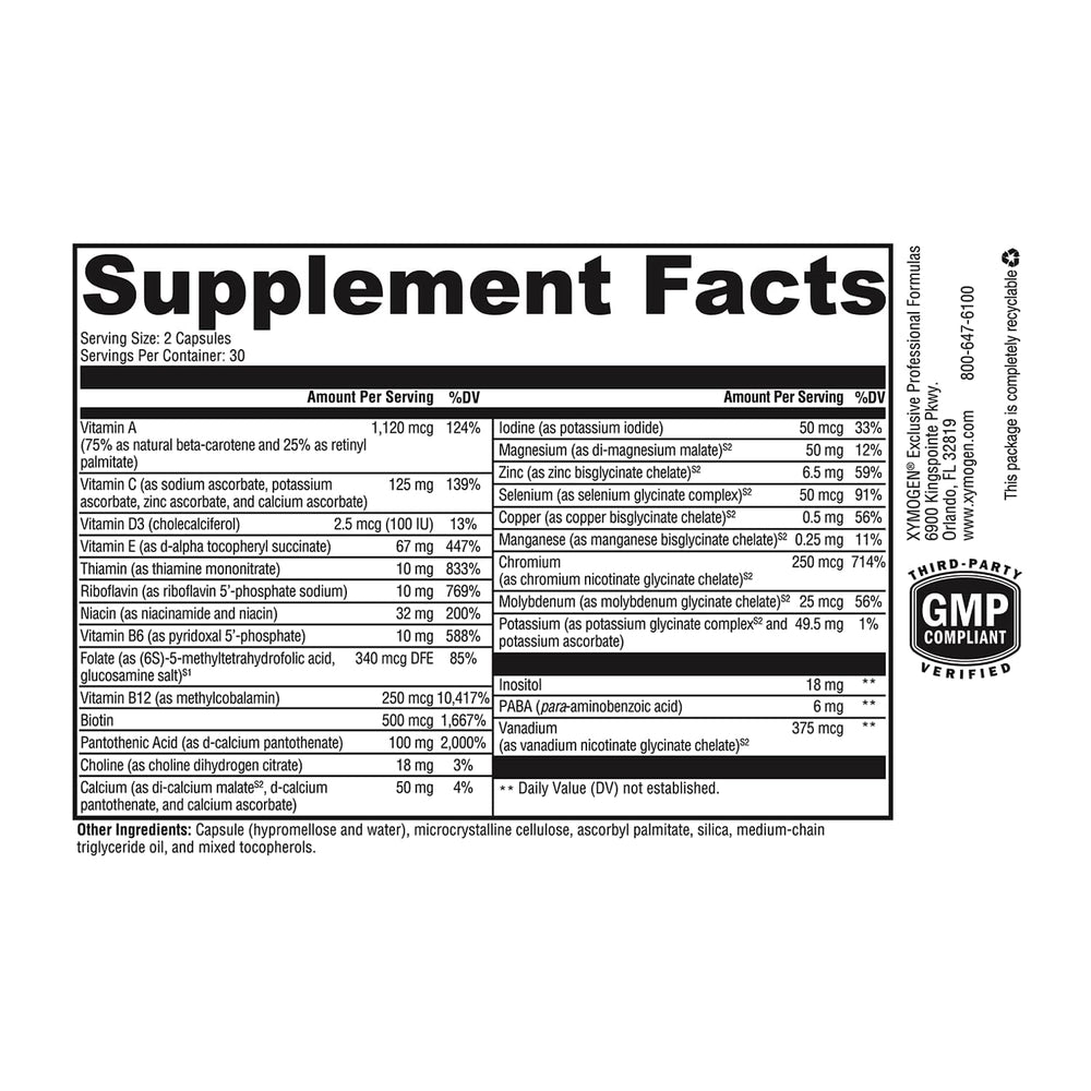 Cápsulas de XYMOGEN ActivNutrients Sin Hierro con formato fácil de tragar.