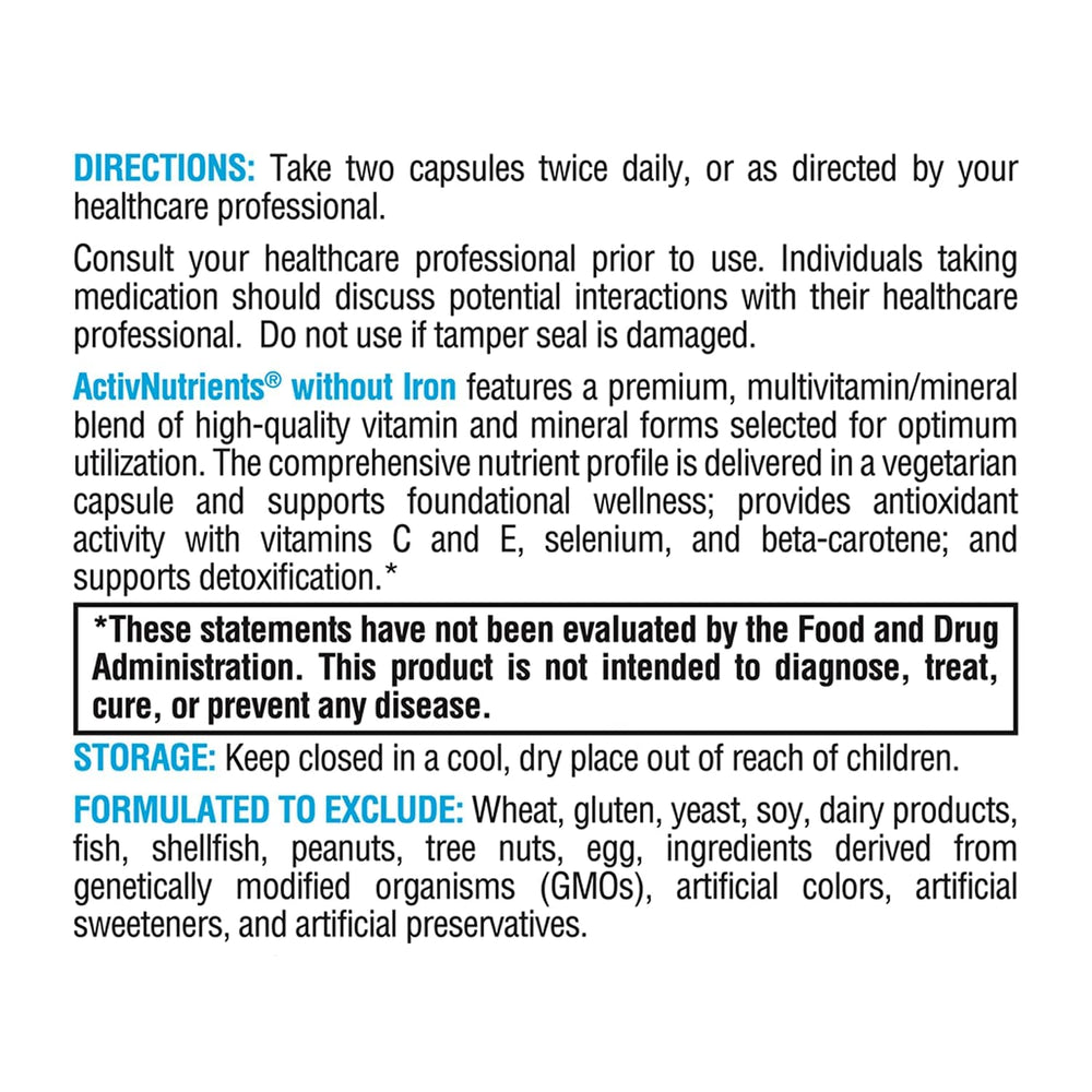 Envase compacto de XYMOGEN ActivNutrients Sin Hierro ideal para viaje.