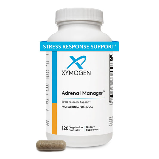 XYMOGEN Adrenal Manager, botella, posible apoyo a la energía diaria