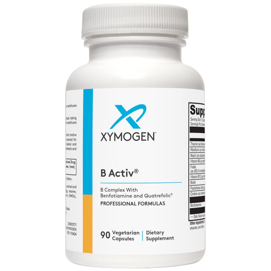 Xymogen B-Activ cápsulas en envase, opción práctica para energía diaria.