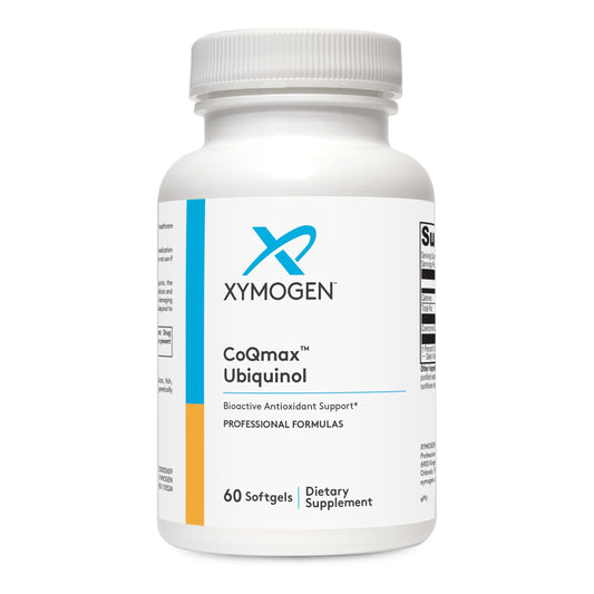 XYMOGEN frasco frontal mostrando CoQmax 100 mg y beneficio de disponibilidad