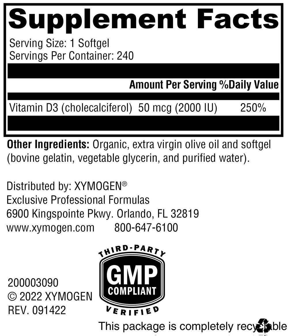 Cápsulas blandas de XYMOGEN D3 2000 listas para tomar.