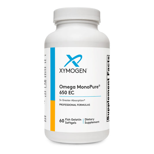 XYMOGEN envase frontal mostrando fórmula omega‑3 monoglicérida y beneficio de absorción