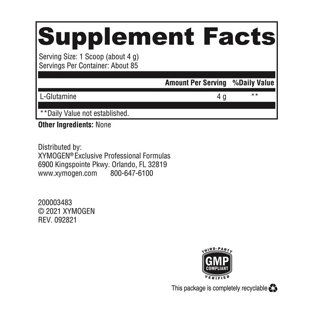 Mezcla XYMOGEN L-Glutamina en un vaso claro.