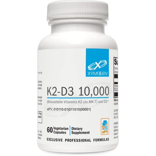 XYMOGEN K2-D3 10000: botella de cápsulas para soporte óseo.