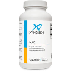 Xymogen N-acetilcisteína 600 mg botella para consumo diario con apoyo antioxidante.