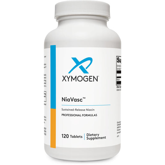 XYMOGEN NiaVasc, botella de cápsulas para apoyo al bienestar cardiovascular.