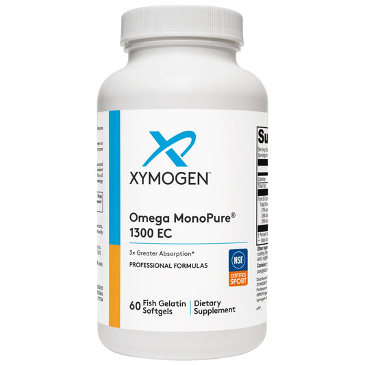 XYMOGEN Omega MonoPure 1300 EC bottle close-up for daily heart and brain health support.