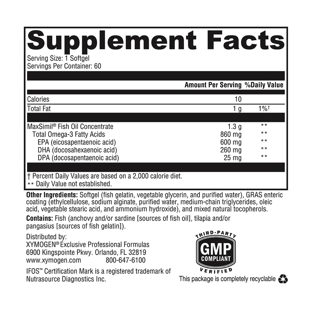 XYMOGEN Omega MonoPure 1300 EC certification icons signaling trusted quality and enhanced absorption.