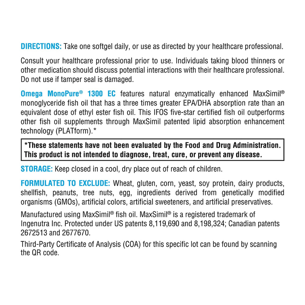 XYMOGEN Omega MonoPure 1300 EC softgels close-up emphasizing smooth, easy-to-swallow capsules.