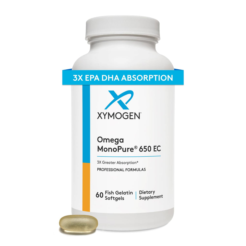 XYMOGEN Omega MonoPure 650 EC, botella de cápsulas para salud cardíaca.