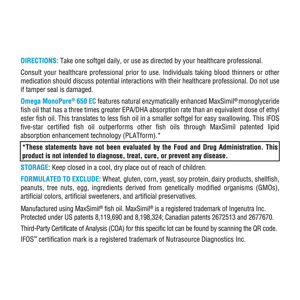 XYMOGEN Omega MonoPure 650 EC, tecnología MaxSimil para absorción eficiente.