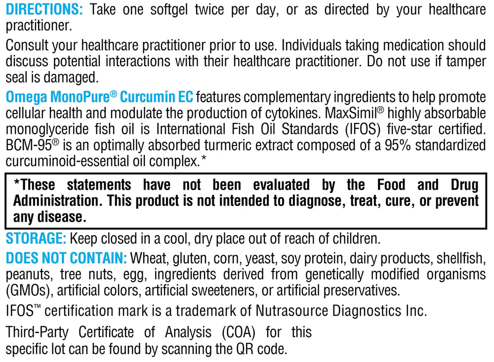 Nutrition facts panel for XYMOGEN Omega MonoPure Curcumin EC.
