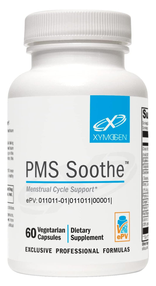 XYMOGEN PMS Soothe – botella y cápsulas para equilibrio del ciclo femenino.