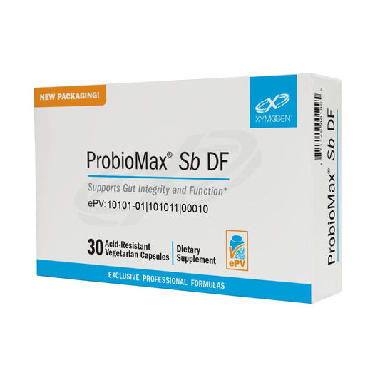 XYMOGEN Probiomax Sb 35B: botella de cápsulas para apoyar la salud digestiva diaria.