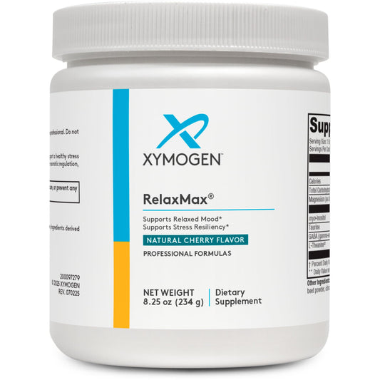 XYMOGEN RelaxMax bottle front shows cherry flavor for daily calm and balance.
