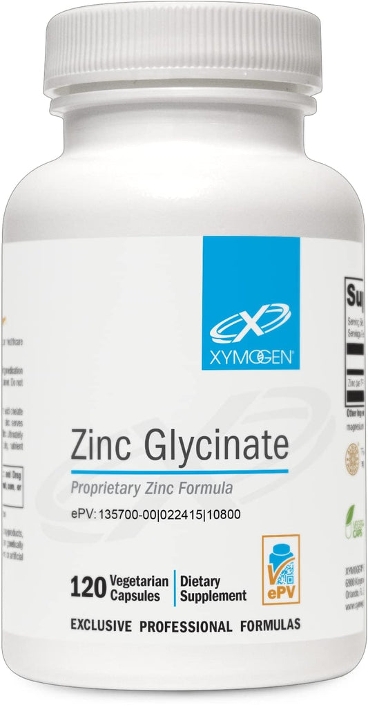 Xymogen zinc glicinato cápsulas, visual de cápsulas y absorción potencial.
