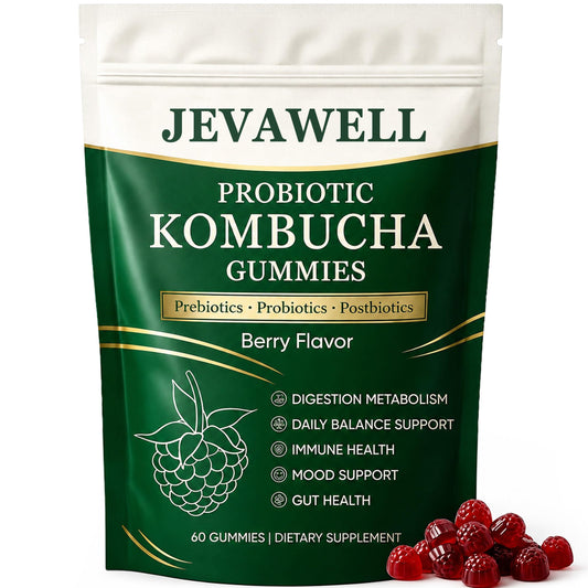 YANJIAYI paquete frontal de Jevawell Kombucha Gummies mostrando diseño atractivo y beneficio práctico