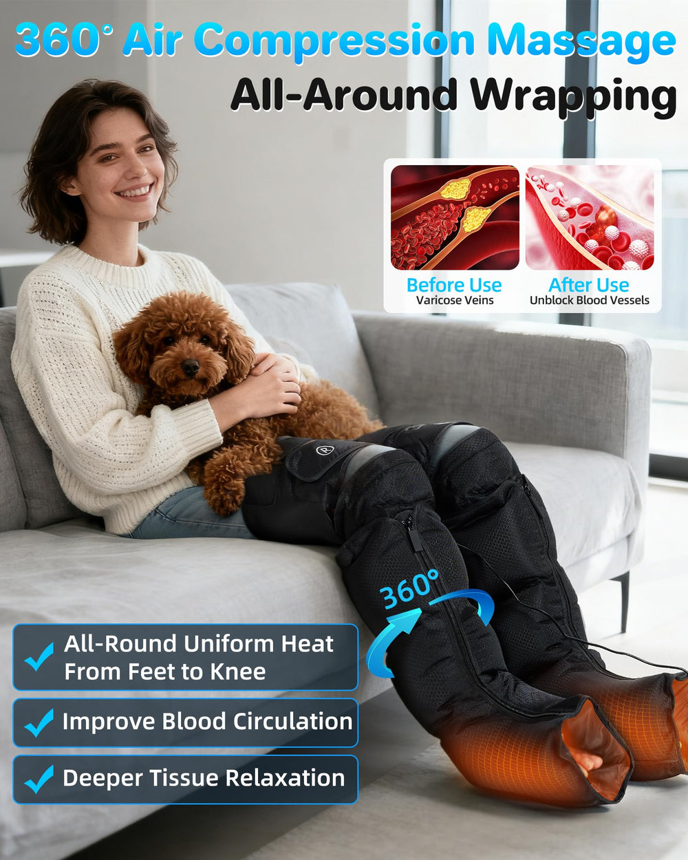 YINGGG masajeador colocado en pierna en uso mostrando compresión y confort activo