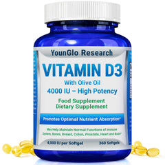 YounGlo Research frasco frontal mostrando Vitamina D3 4000 IU y suministro prolongado