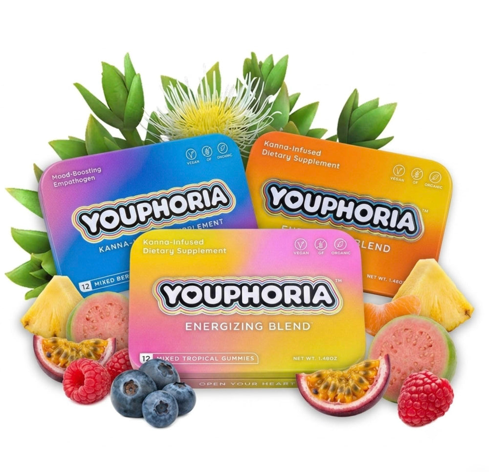 Youphoria Kanna gomitas frente del empaque mostrando diseño y beneficios visibles