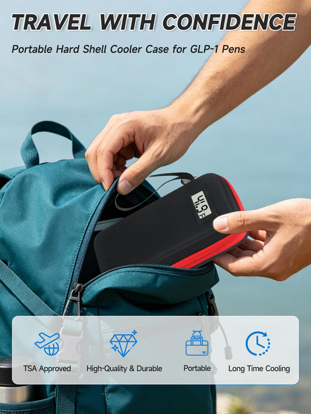 YOUSHARES estuche dentro de mochila demostrando uso en viaje