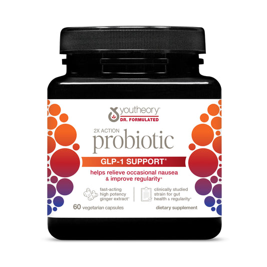 Youtheory 2X Action Probiotic en bote de cápsulas para comodidad digestiva diaria