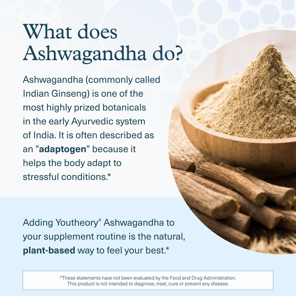 Ingredientes orgánicos de Youtheory Ashwagandha para una suplementación consciente.