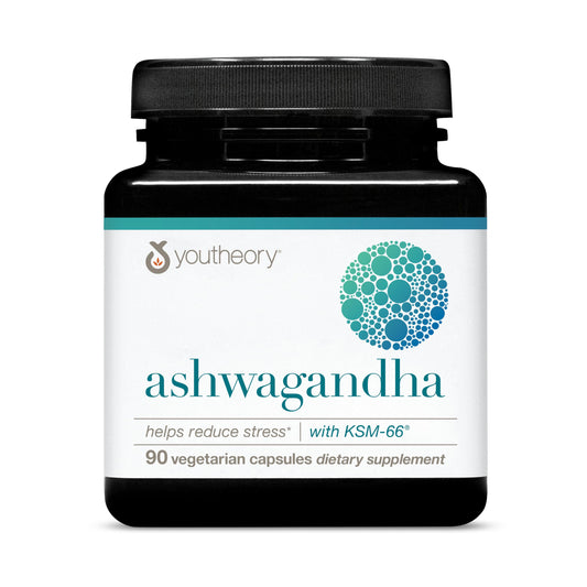 Youtheory Ashwagandha with organic KSM-66 bottle focus, showcasing potency and quality