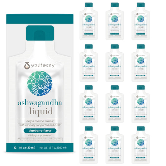 Youtheory Ashwagandha Liquid, botella de 1 oz, para uso diario fácil.