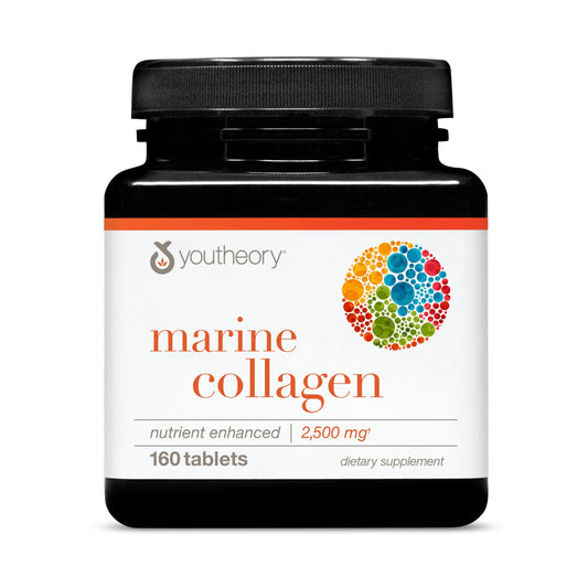Youtheory Colágeno Marino, tabletas 2500 mg, frente de botella, fácil uso diario.