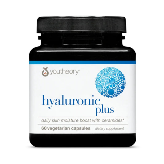 Youtheory Hyaluronic Plus muestra la botella para hidratación diaria.